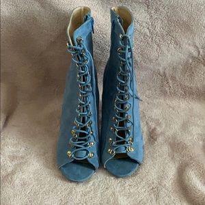 Blue suede open toe heels